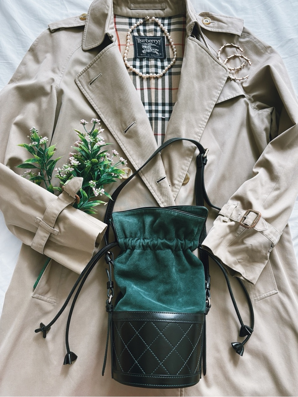 Carven chic bucket Green Suede & leather Quilted handbag-Crossbody Bag